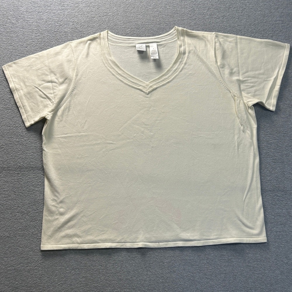 Emma James V Neck Blouse Womens 3X Ivory Short Sleeve Knit Top Plus Size Cotton